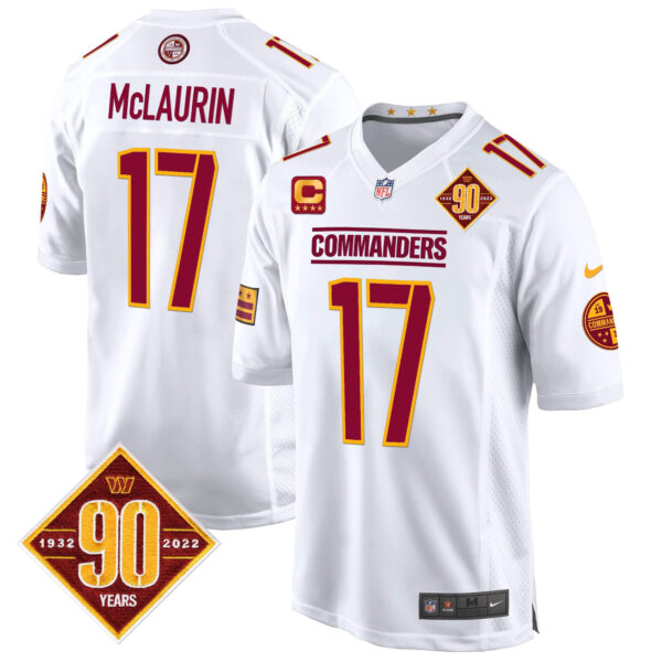 Washington Commanders 90th Anniversary Patch Game Jersey – All Stitched – White – Terry McLaurin Jersey