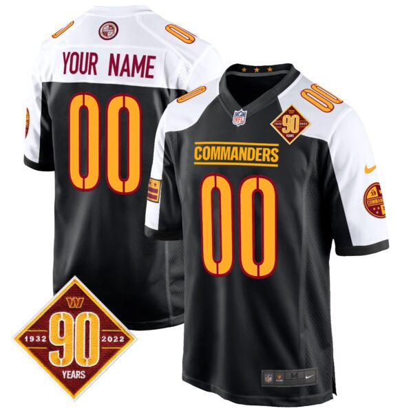 Washington Commanders 90th Anniversary Patch Game Custom Jersey – All Stitched – Black Alternate Jersey
