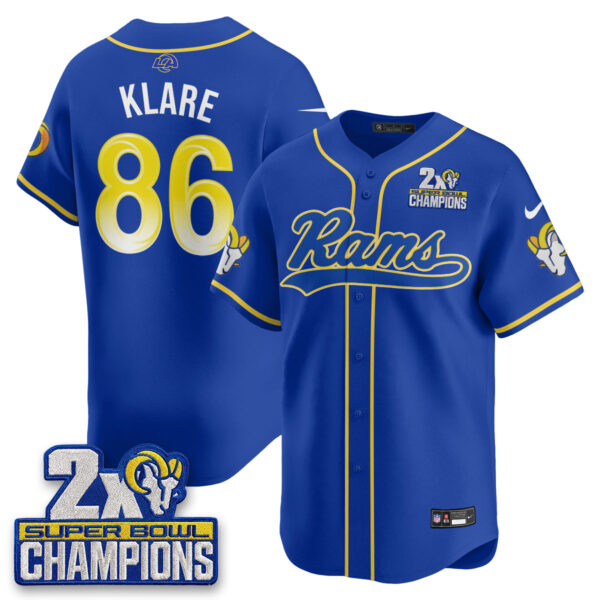 Los Angeles Rams Max Klare 2X Champs Rivalries Vapor Baseball Jersey - All Stitched - Royal