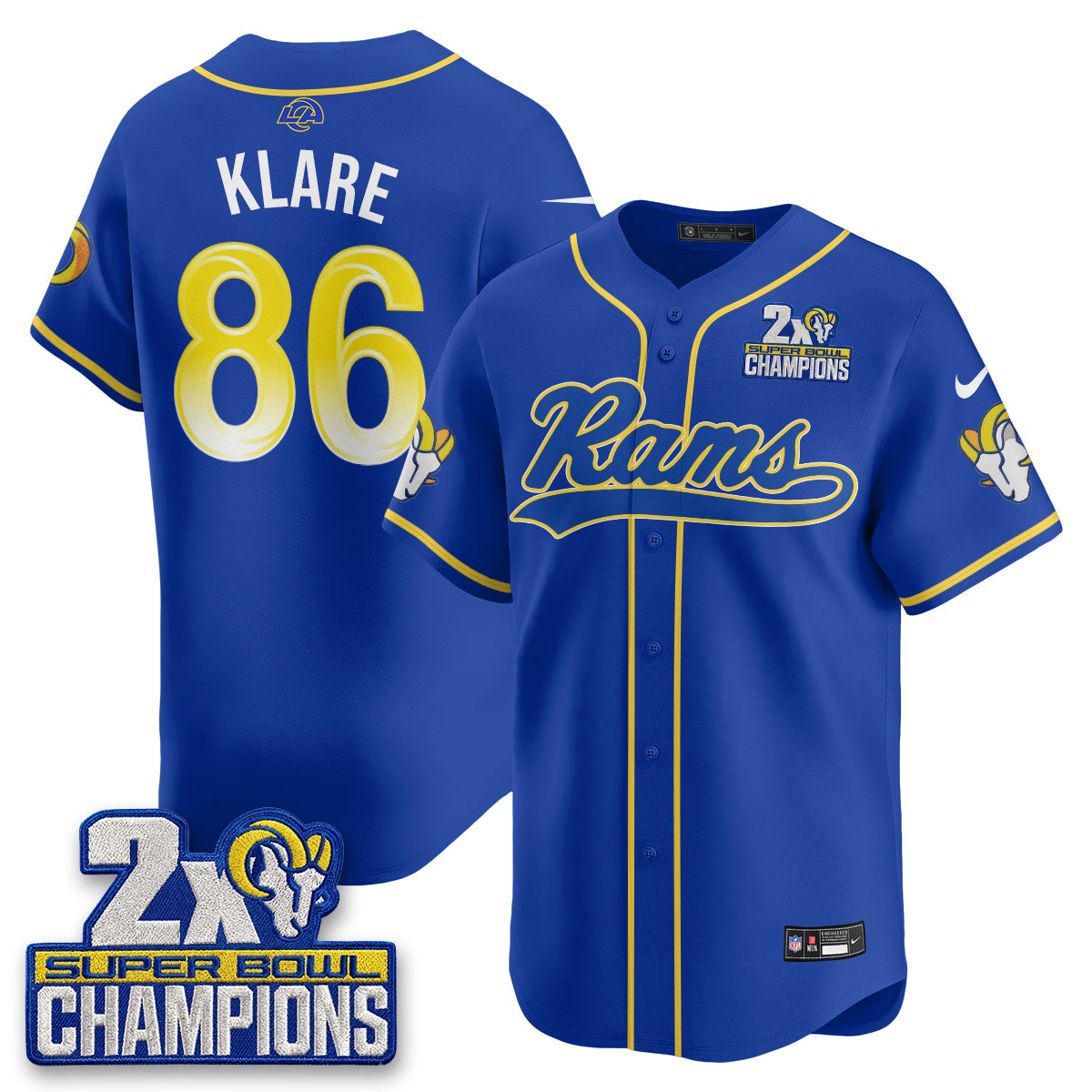 Los Angeles Rams Max Klare 2X Champs Rivalries Vapor Baseball Jersey - All Stitched - Royal