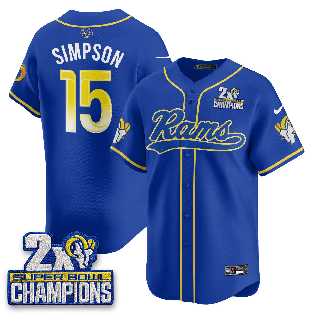 Los Angeles Rams Ty Simpson 2X Champs Rivalries Vapor Baseball Jersey - All Stitched - Royal