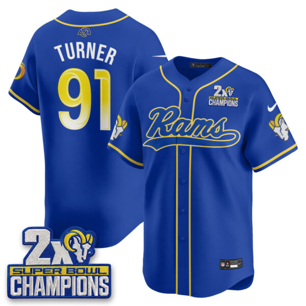 Los Angeles Rams Kobie Turner 2X Champs Rivalries Vapor Baseball Jersey - All Stitched - Royal