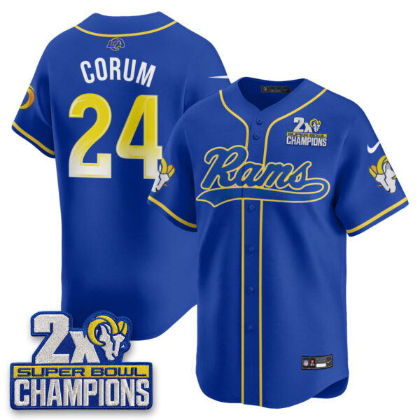 Los Angeles Rams Blake Corum 2X Champs Rivalries Vapor Baseball Jersey - All Stitched - Royal