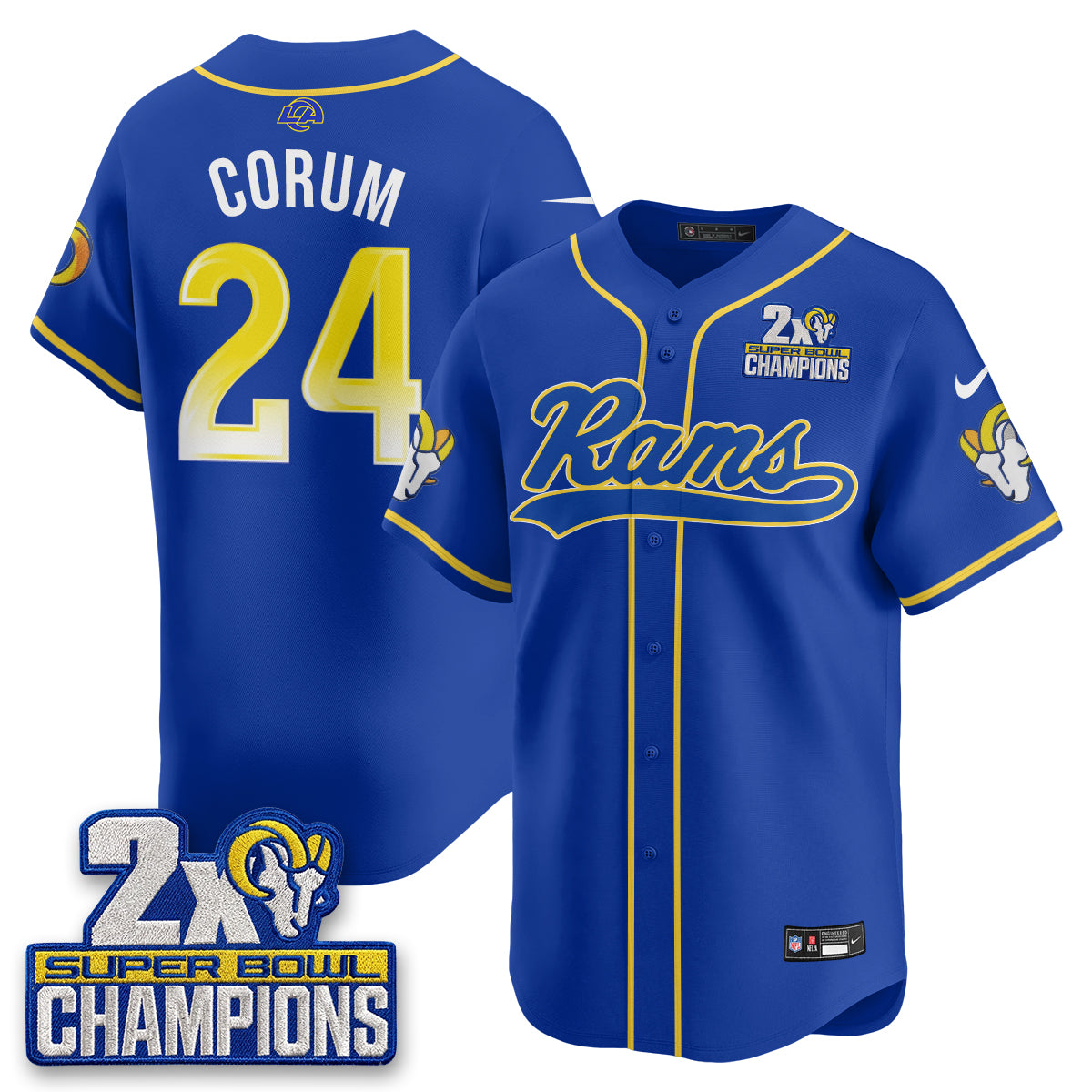 Los Angeles Rams Blake Corum 2X Champs Rivalries Vapor Baseball Jersey - All Stitched - Royal