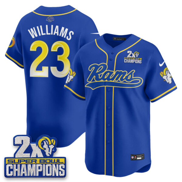 Los Angeles Rams Kyren Williams 2X Champs Rivalries Vapor Baseball Jersey - All Stitched - Royal