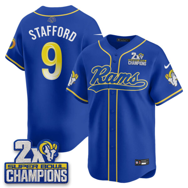 Los Angeles Rams Matthew Stafford 2X Champs Rivalries Vapor Baseball Jersey - All Stitched - Royal