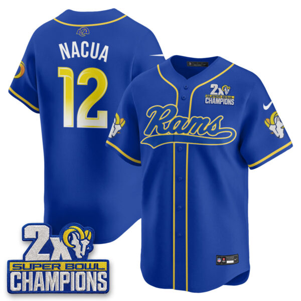 Los Angeles Rams Puka Nacua 2X Champs Rivalries Vapor Baseball Jersey - All Stitched - Royal
