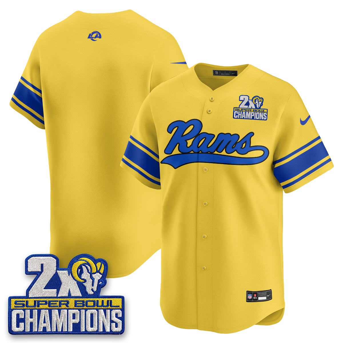 Los Angeles Rams Team 2X Champs Rivalries Vapor Baseball Jersey - All Stitched - Yellow