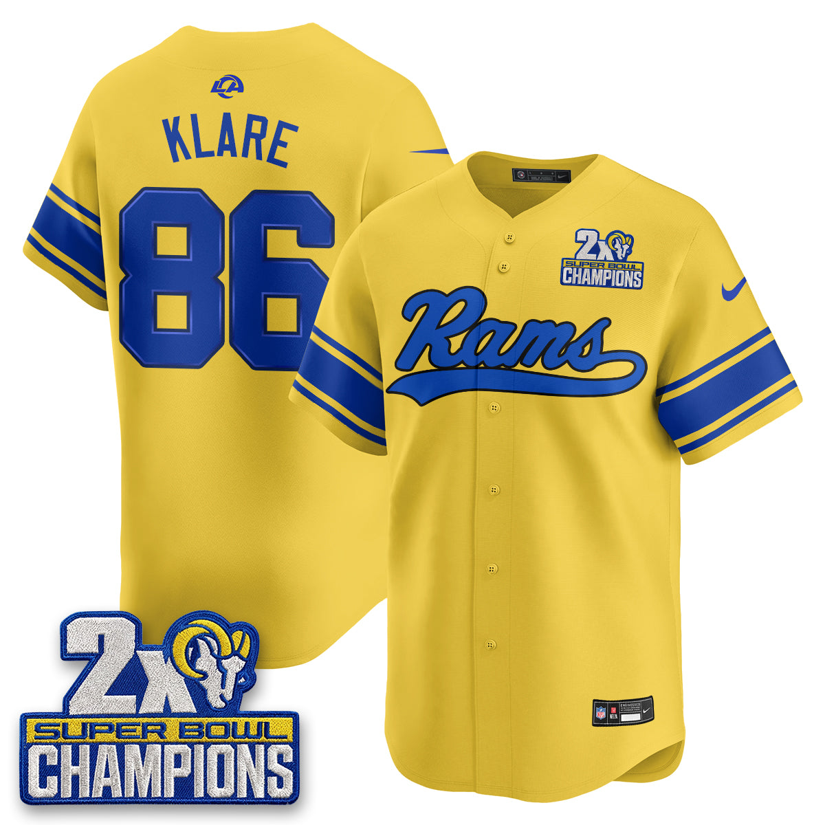 Los Angeles Rams Max Klare 2X Champs Rivalries Vapor Baseball Jersey - All Stitched - Yellow