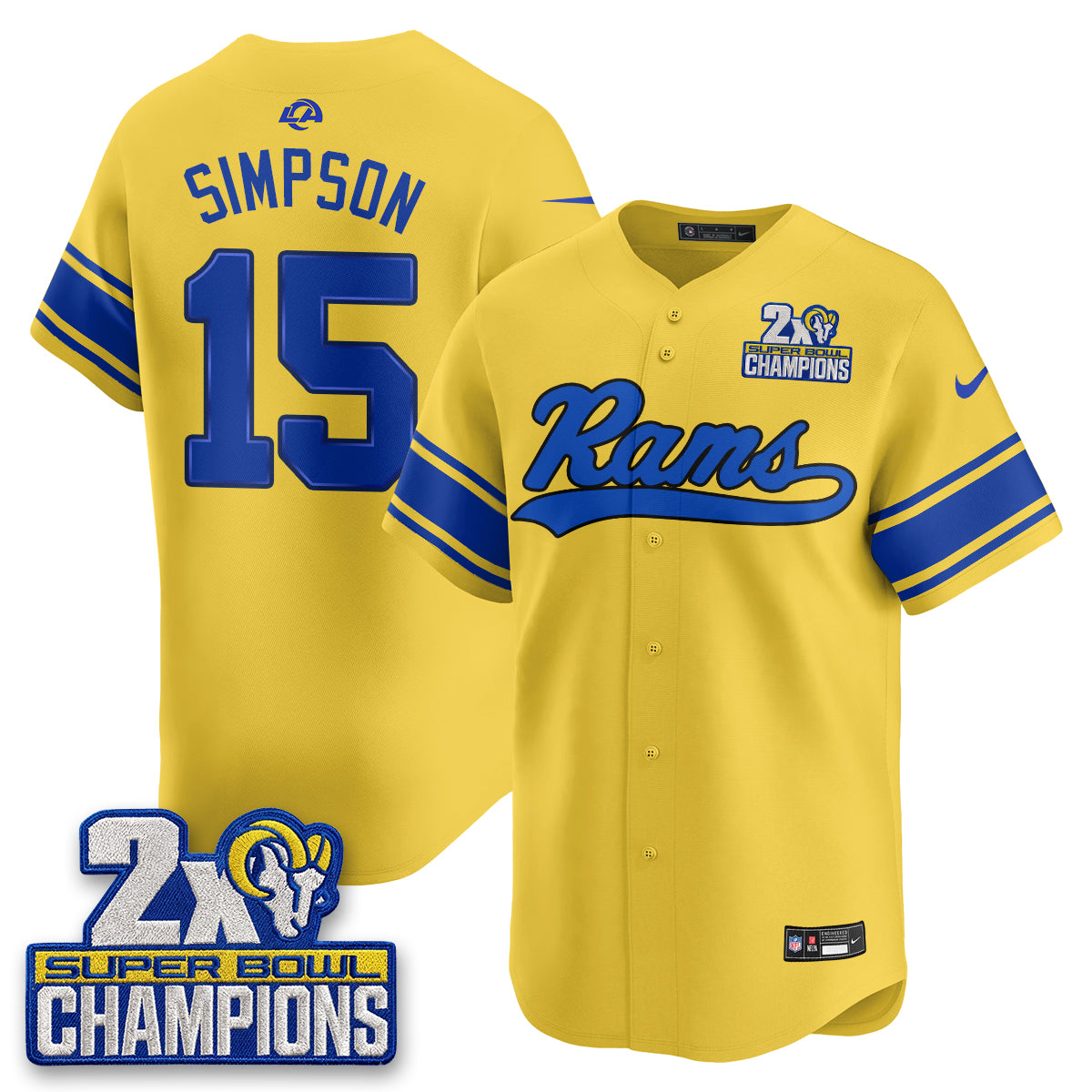 Los Angeles Rams Ty Simpson 2X Champs Rivalries Vapor Baseball Jersey - All Stitched - Yellow