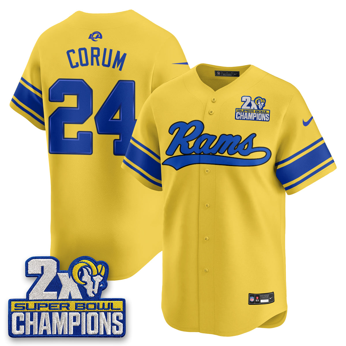 Los Angeles Rams Blake Corum 2X Champs Rivalries Vapor Baseball Jersey - All Stitched - Yellow