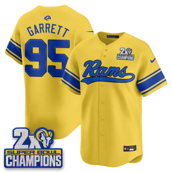Los Angeles Rams Myles Garrett 2X Champs Rivalries Vapor Baseball Jersey - All Stitched - Yellow