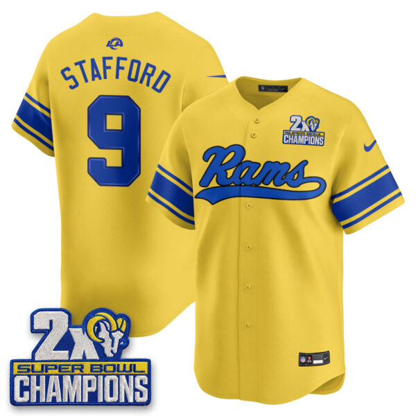 Los Angeles Rams Matthew Stafford 2X Champs Rivalries Vapor Baseball Jersey - All Stitched - Yellow