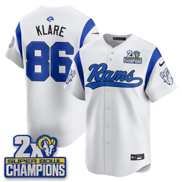 Los Angeles Rams Max Klare 2X Champs Rivalries Vapor Baseball Jersey - All Stitched - White