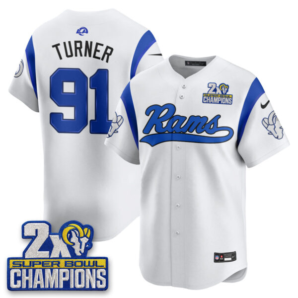 Los Angeles Rams Kobie Turner 2X Champs Rivalries Vapor Baseball Jersey - All Stitched - White