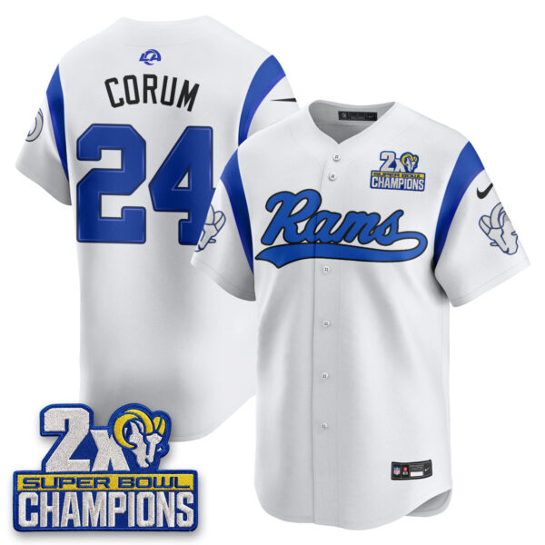 Los Angeles Rams Blake Corum 2X Champs Rivalries Vapor Baseball Jersey - All Stitched - White