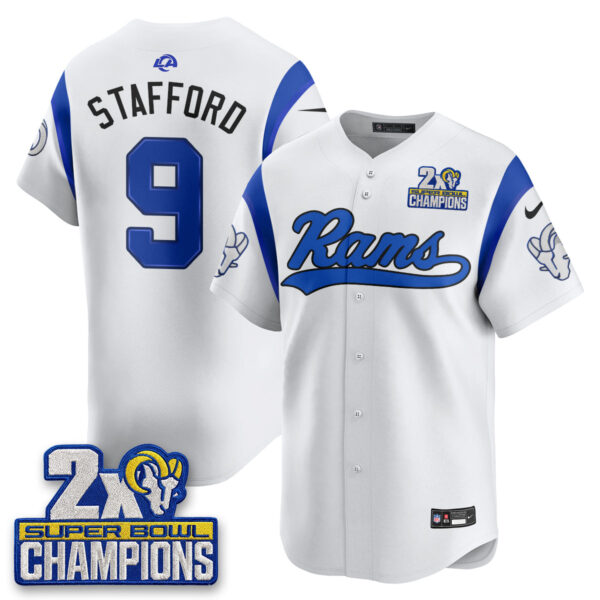 Los Angeles Rams Matthew Stafford 2X Champs Rivalries Vapor Baseball Jersey - All Stitched - White