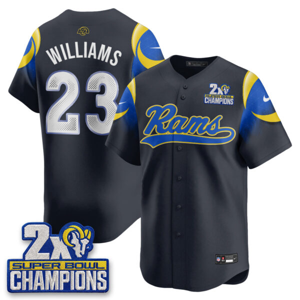 Los Angeles Rams Kyren Williams 2X Champs Rivalries Vapor Baseball Jersey - All Stitched - Navy