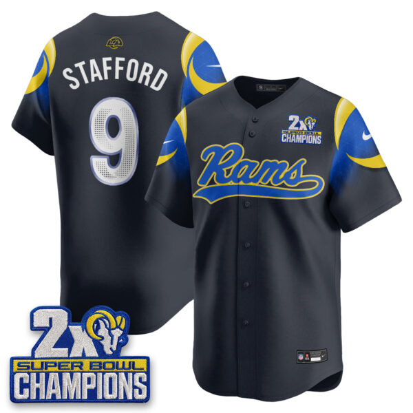 Los Angeles Rams Matthew Stafford 2X Champs Rivalries Vapor Baseball Jersey - All Stitched - Navy