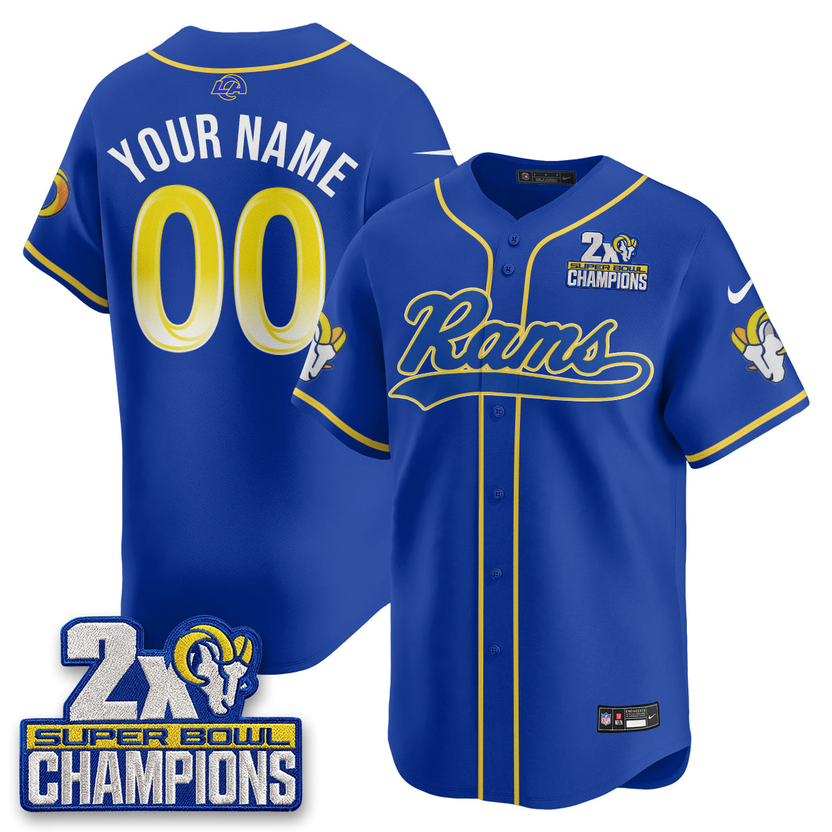 Los Angeles Rams 2X Champs Rivalries Vapor Custom Baseball Jersey - All Stitched - Royal
