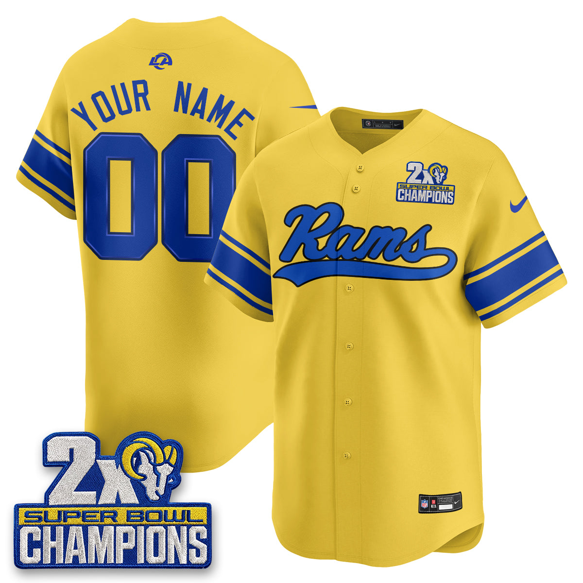 Los Angeles Rams 2X Champs Rivalries Vapor Custom Baseball Jersey - All Stitched - Yellow