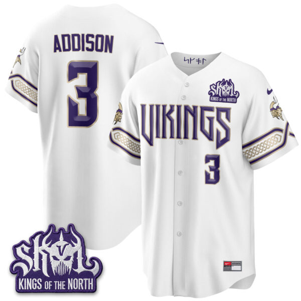 Minnesota Vikings Jordan Addison 2026 Rivalries Edition Vapor Baseball Jersey - All Stitched - White
