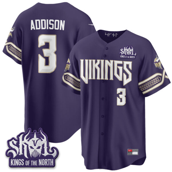 Minnesota Vikings Jordan Addison 2026 Rivalries Edition Vapor Baseball Jersey - All Stitched - Purple