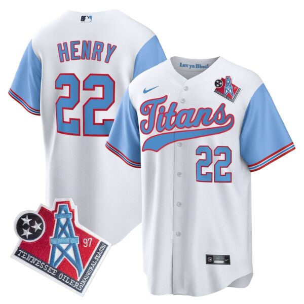 Tennessee Titans Derrick Henry 1997 Throwback Limited Cool Baseball Jersey - All Stitched - Blue Sleeves