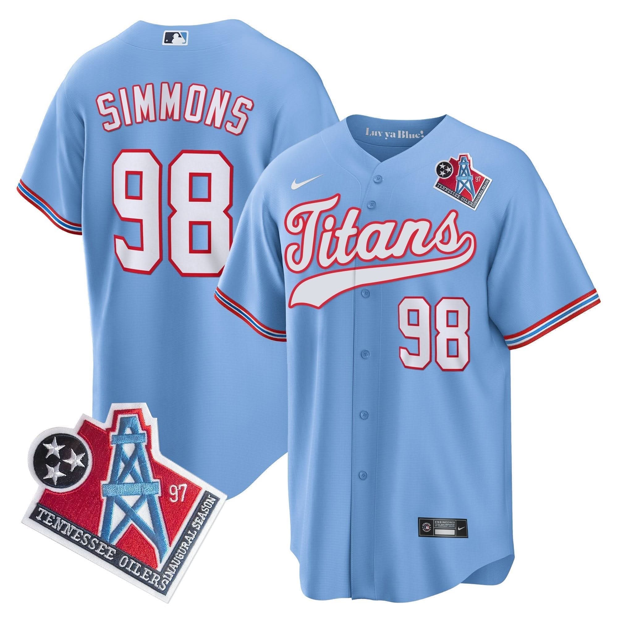 Tennessee Titans Jeffery Simmons 1997 Throwback Limited Cool Baseball Jersey - All Stitched - Light Blue