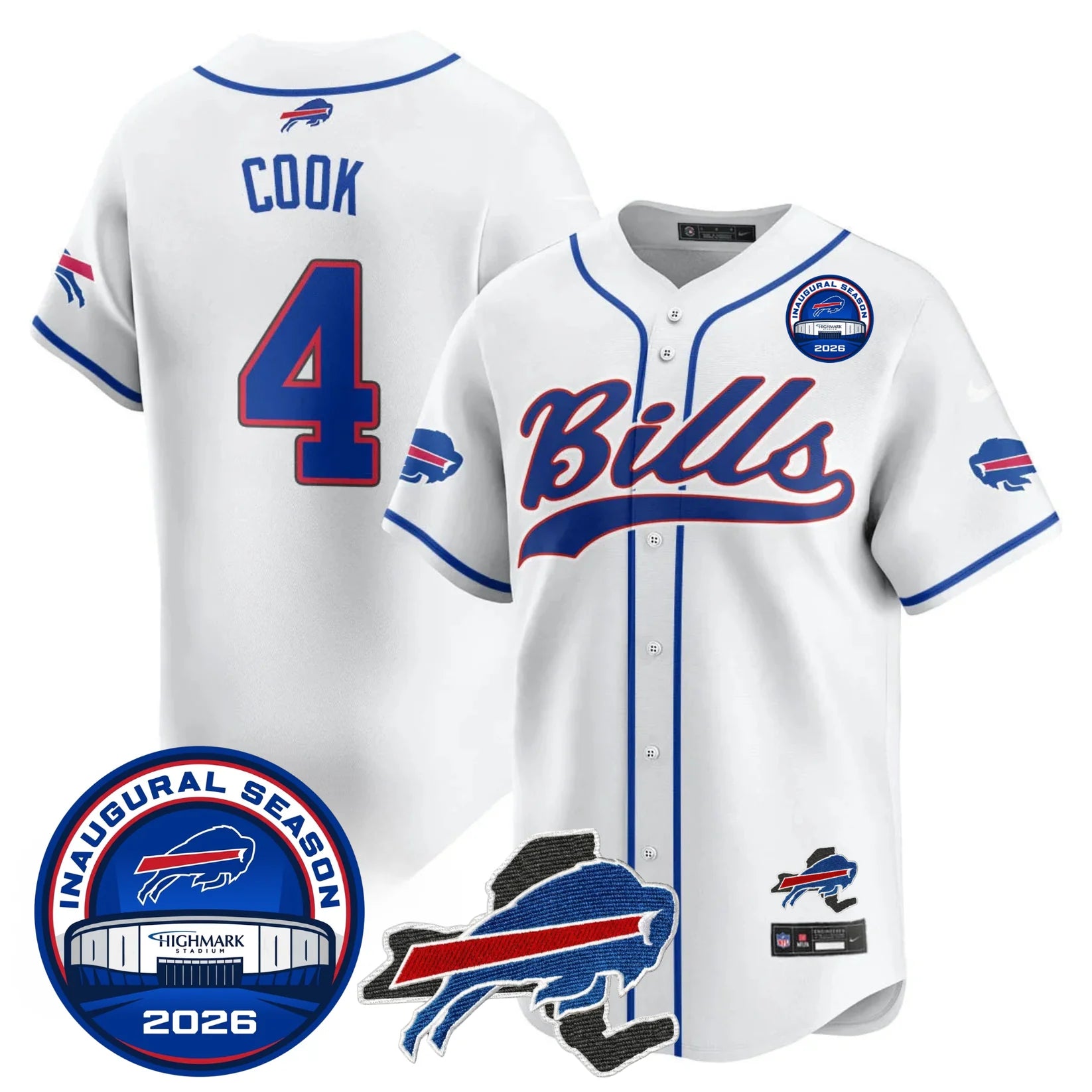Buffalo Bills James Cook 4 2026 Inaugural Season Patch Baseball Jersey - All Stitched - White
