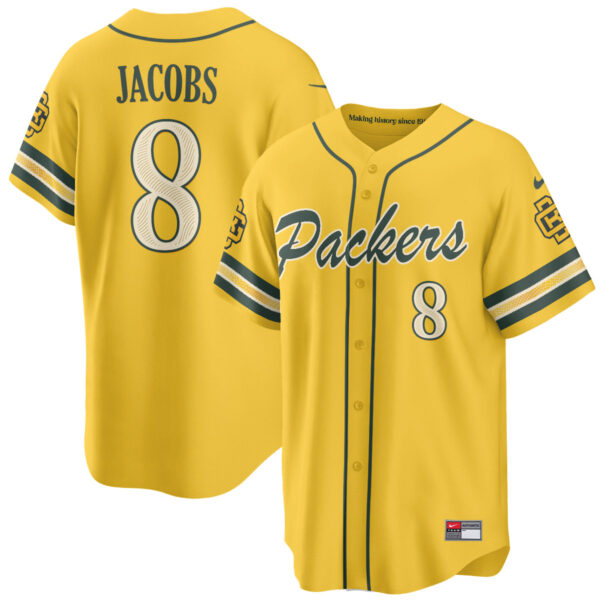 Green Bay Packers Josh Jacobs 2026 Rivalries Vapor Baseball Jersey - All Stitched - Yellow
