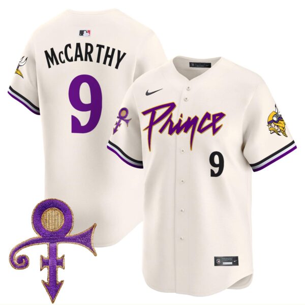 Men’s Minnesota Vikings Prince Patch Vapor Premier Limited Jersey – All Stitched – Cream – J.J. McCarthy