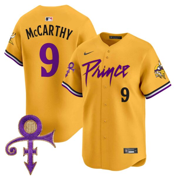 Men’s Minnesota Vikings Prince Patch Vapor Premier Limited Jersey – All Stitched – Gold – J.J. McCarthy