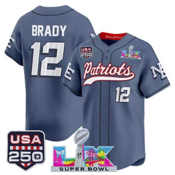 New England Patriots Tom Brady 'Super Bowl LX & USA 250th Anniversary Patch' Vapor Baseball Jersey - All Stitched - Storm Blue