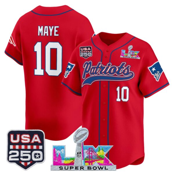 New England Patriots Drake Maye 'Super Bowl LX & USA 250th Anniversary Patch' Vapor Baseball Jersey - All Stitched - Red