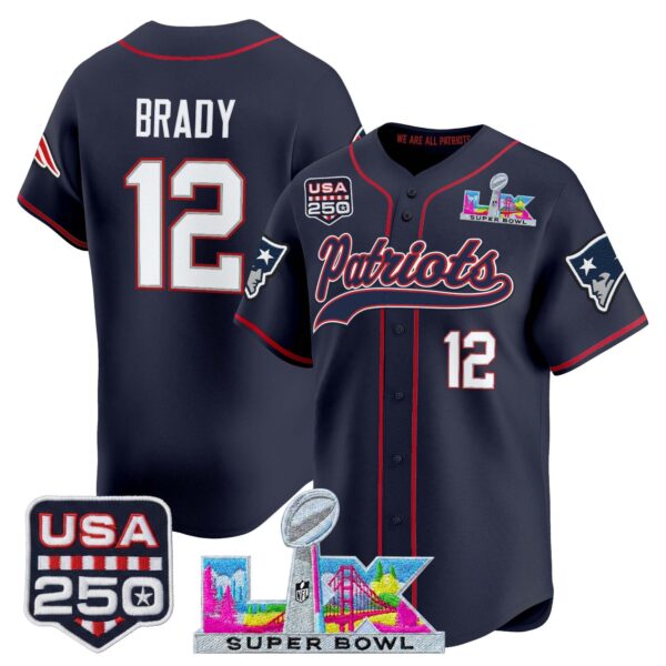 New England Patriots Tom Brady 'Super Bowl LX & USA 250th Anniversary Patch' Vapor Baseball Jersey - All Stitched - Navy