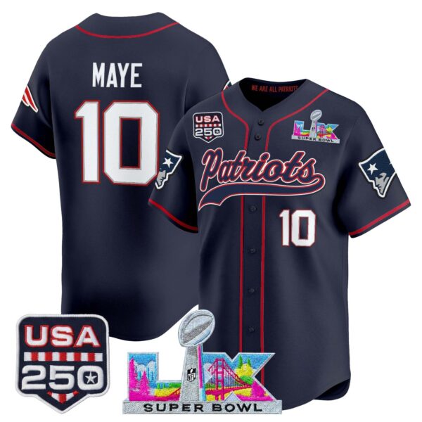 New England Patriots Drake Maye 'Super Bowl LX & USA 250th Anniversary Patch' Vapor Baseball Jersey - All Stitched - Navy