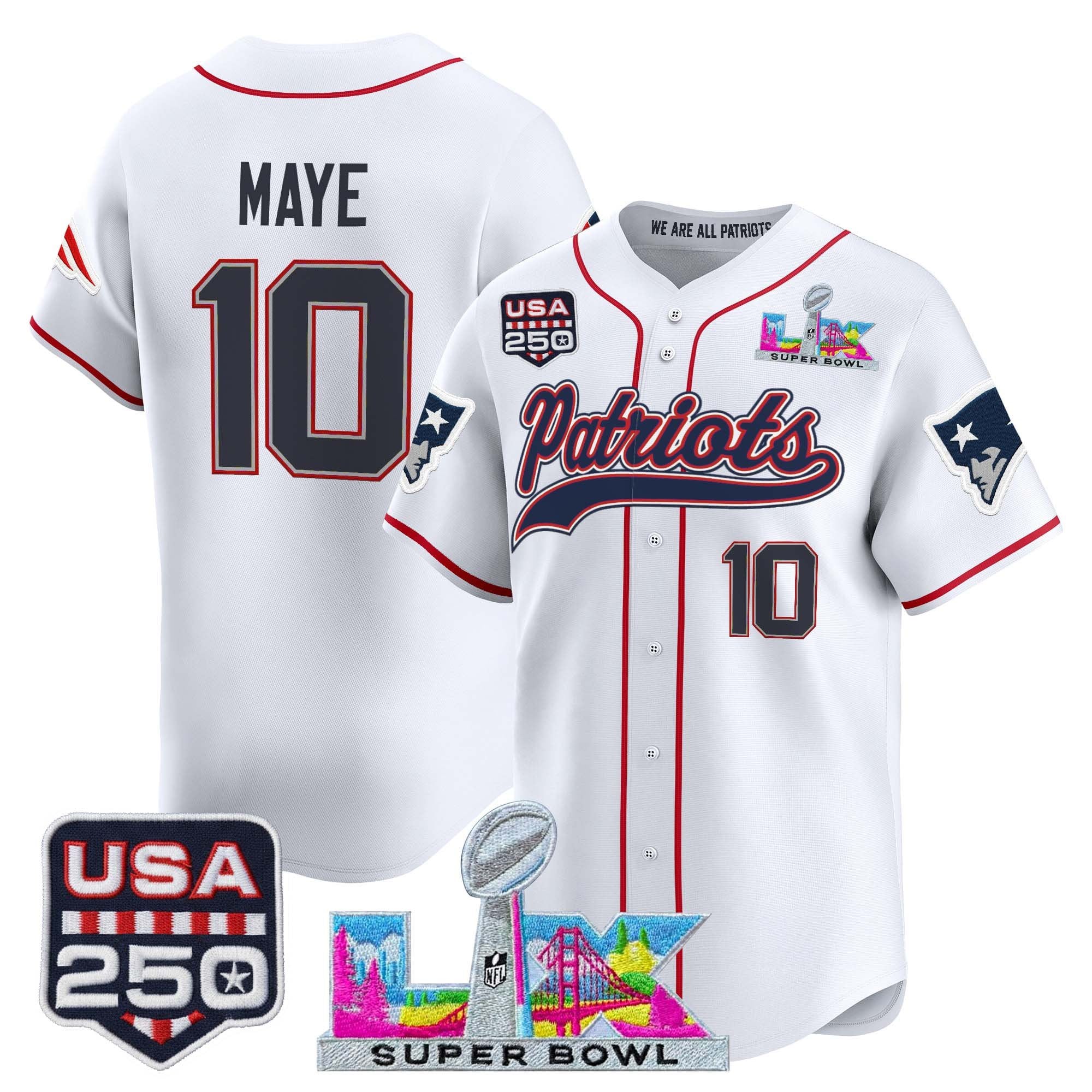 New England Patriots Drake Maye 'Super Bowl LX & USA 250th Anniversary Patch' Vapor Baseball Jersey - All Stitched - White
