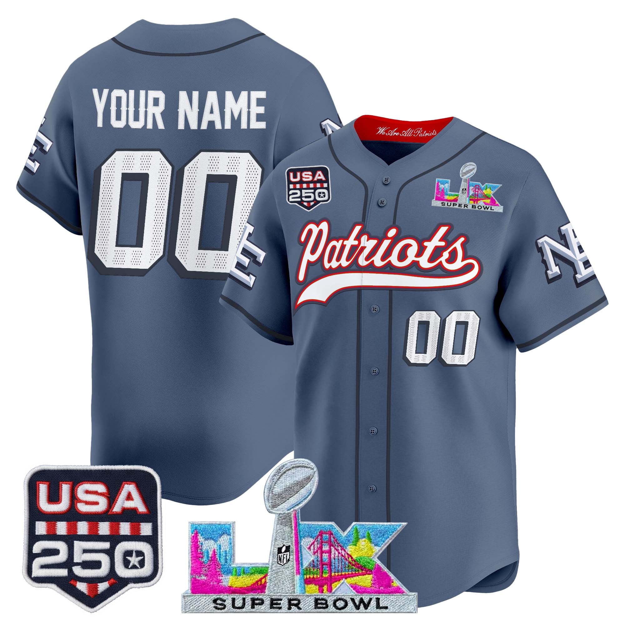 New England Patriots 'Super Bowl LX & USA 250th Anniversary Patch' Vapor Baseball Custom Jersey - All Stitched - Storm Blue