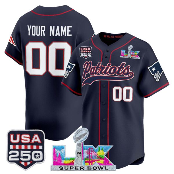 New England Patriots 'Super Bowl LX & USA 250th Anniversary Patch' Vapor Baseball Custom Jersey - All Stitched - Navy
