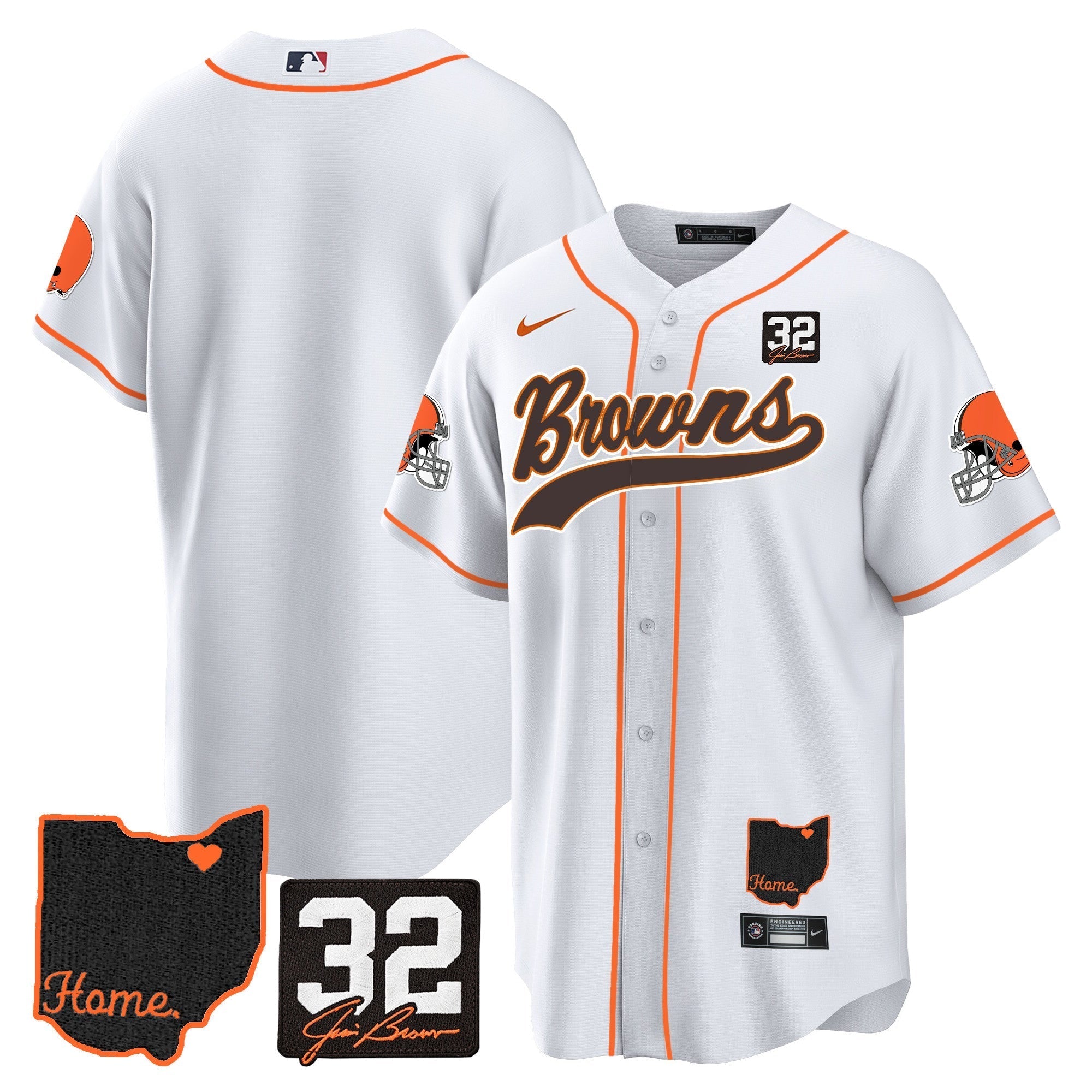 Cleveland Browns Team Jim Brown Memorial & Home Patch Baseball Custom Jersey - All Stitched - White