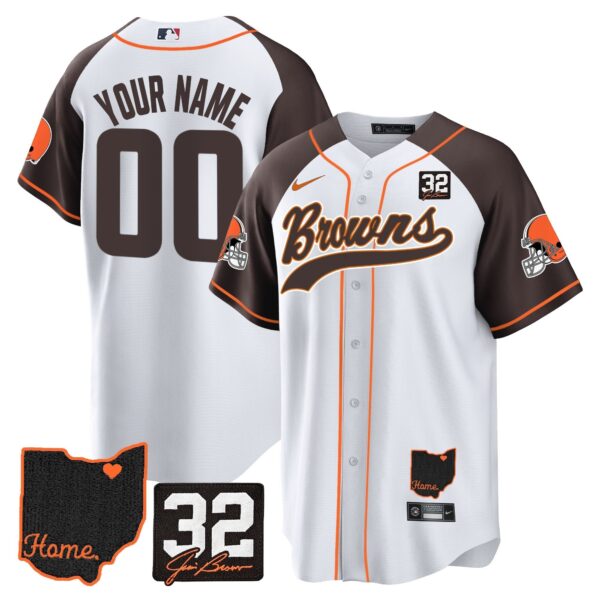 Cleveland Browns Jim Brown Memorial & Home Patch Baseball Custom Jersey - All Stitched - Inverted