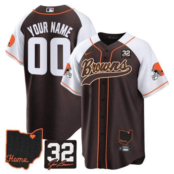 Cleveland Browns Jim Brown Memorial & Home Patch Baseball Custom Jersey - All Stitched - Alternate