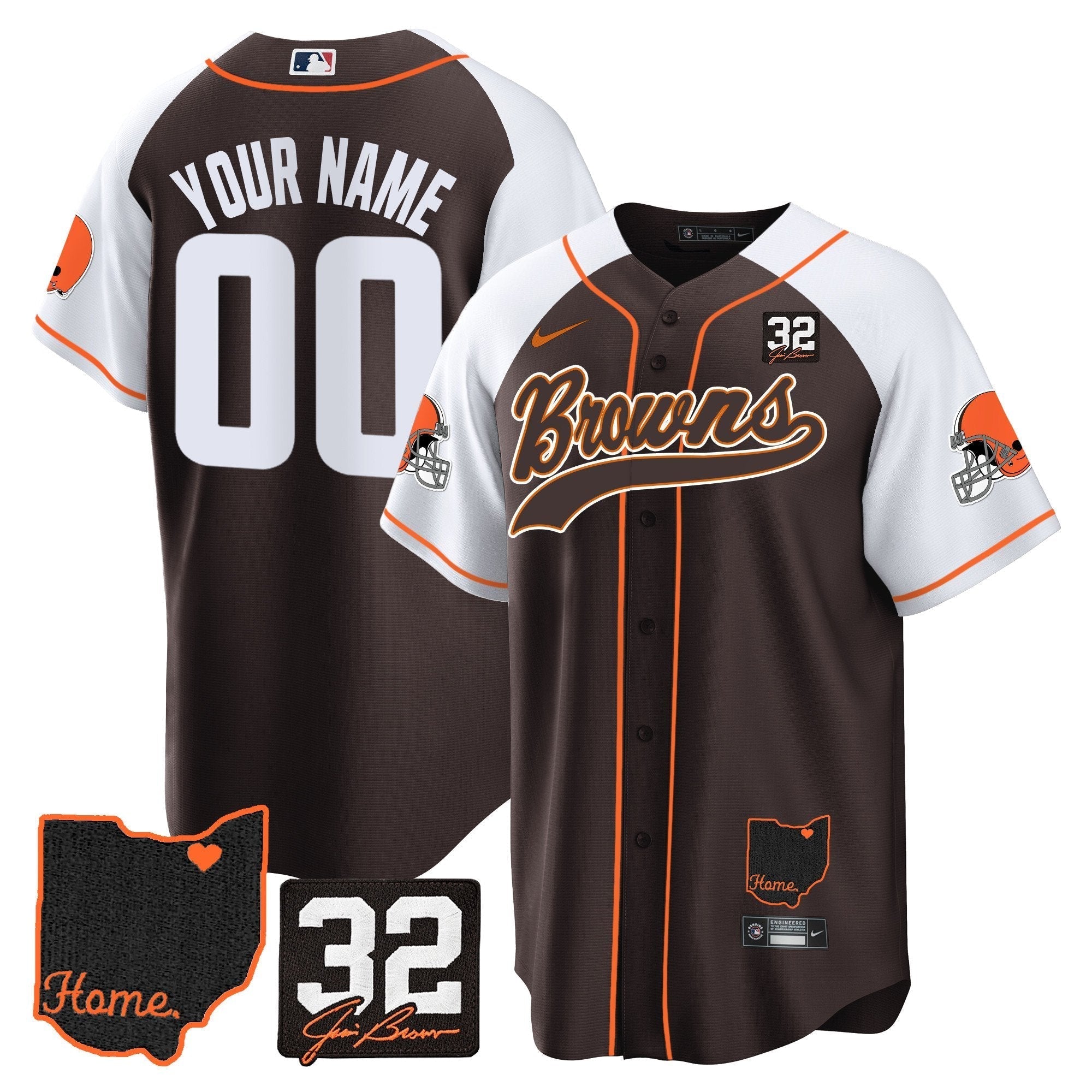 Cleveland Browns Jim Brown Memorial & Home Patch Baseball Custom Jersey - All Stitched - Alternate