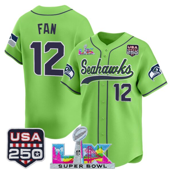 Seattle Seahawks 12th Fan Super Bowl LX & 250America Patch Vapor Baseball Jersey - All Stitched - Neon Green