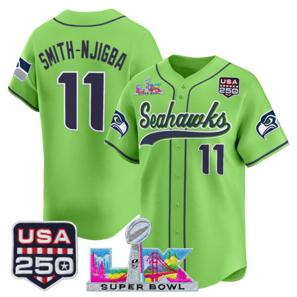 Seattle Seahawks Smith-Njigba Super Bowl LX & 250America Patch Vapor Baseball Jersey - All Stitched - Neon Green
