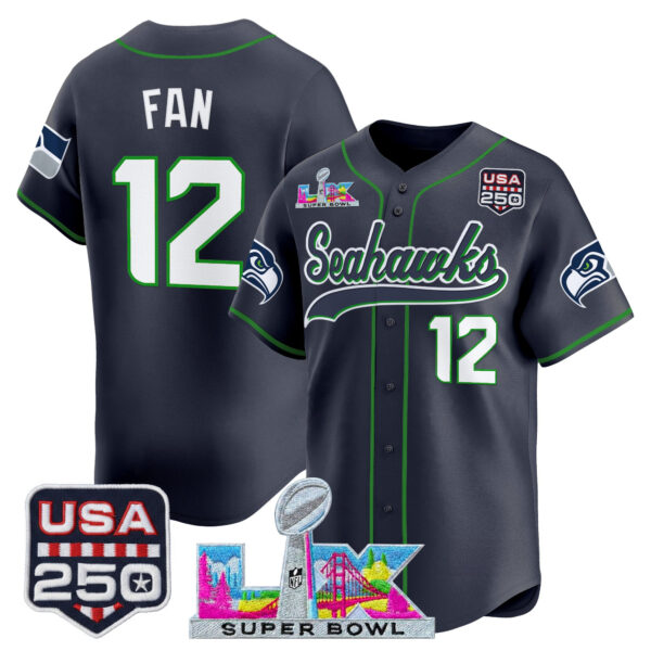 Seattle Seahawks 12th Fan Super Bowl LX & 250America Patch Vapor Baseball Jersey - All Stitched - College Navy