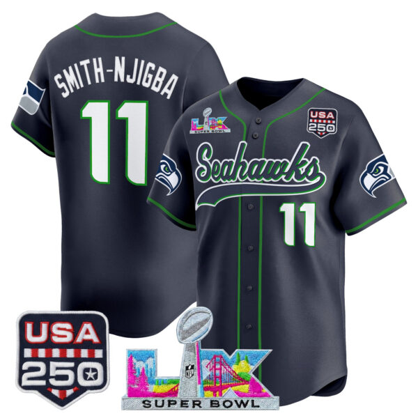 Seattle Seahawks Smith-Njigba Super Bowl LX & 250America Patch Vapor Baseball Jersey - All Stitched - College Navy