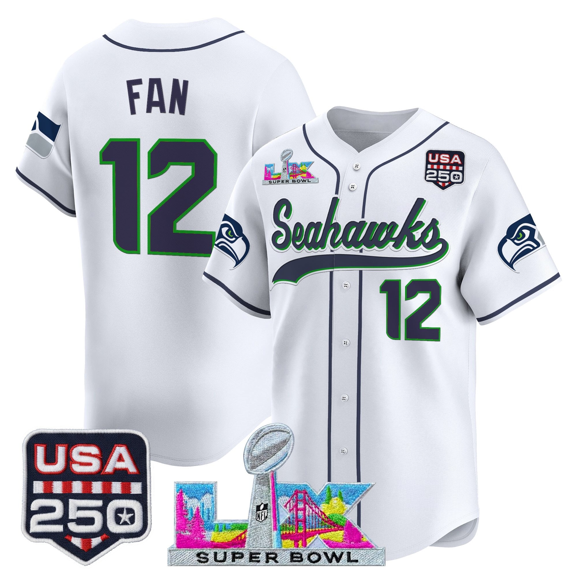 Seattle Seahawks 12th Fan Super Bowl LX & 250America Patch Vapor Baseball Jersey - All Stitched - White