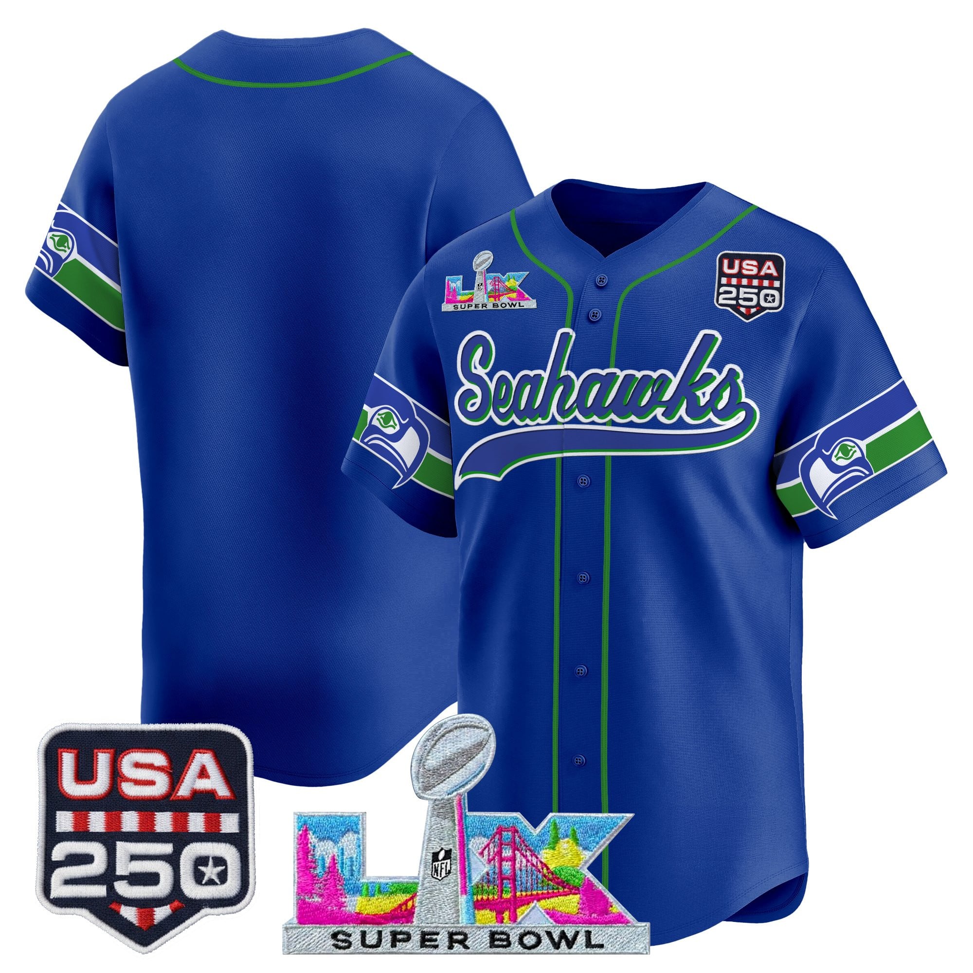 Seattle Seahawks Team Super Bowl LX & 250America Patch Vapor Baseball Jersey - All Stitched - Royal Throwback